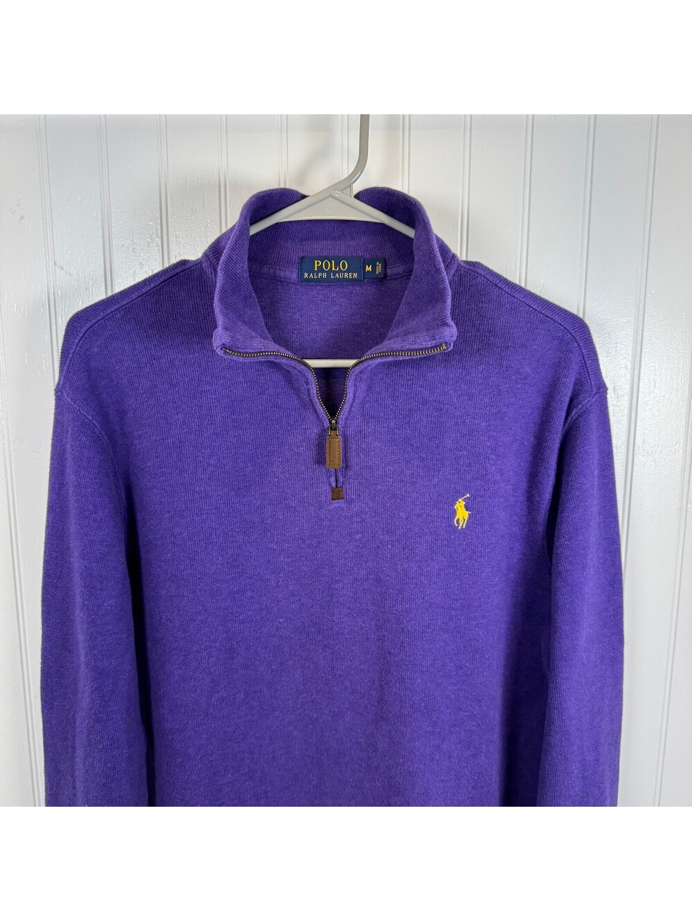 Polo Ralph Lauren Mens Purple 1/4 Zip Pullover Sweater Cotton Yellow Pony Medium